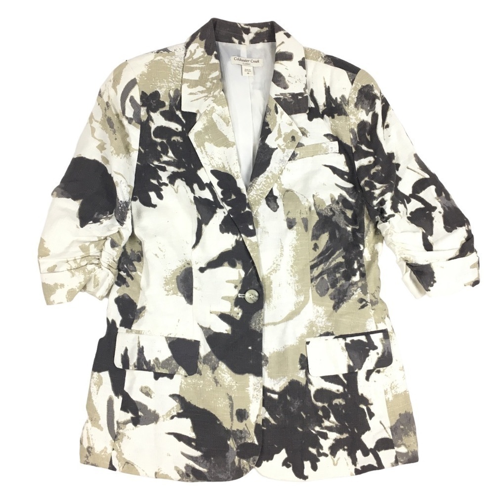 COLDWATER CREEK Linen Jacket Classic 3/4 Sleeves Neutral Abstract Floral Size 10